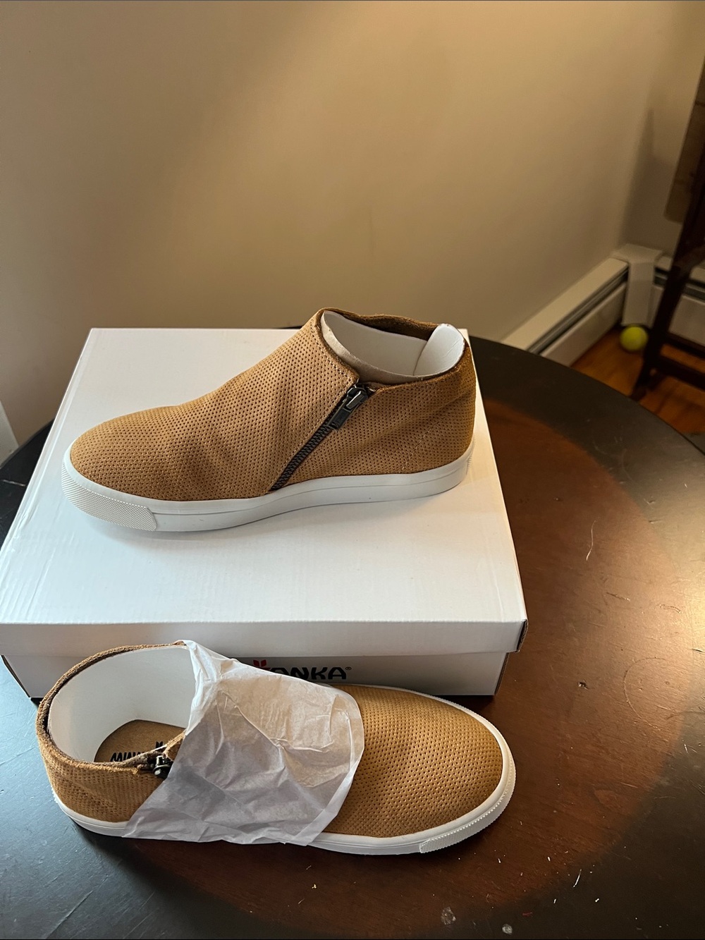 Minnetonka Perforated Tan Slip-On Sneaker with Side Zip
